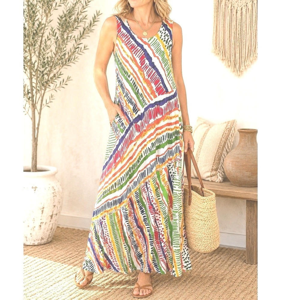 Serengeti Colorful Abstract Stripe‎ Maxi Dress Rayon Sleeveless Petite PM